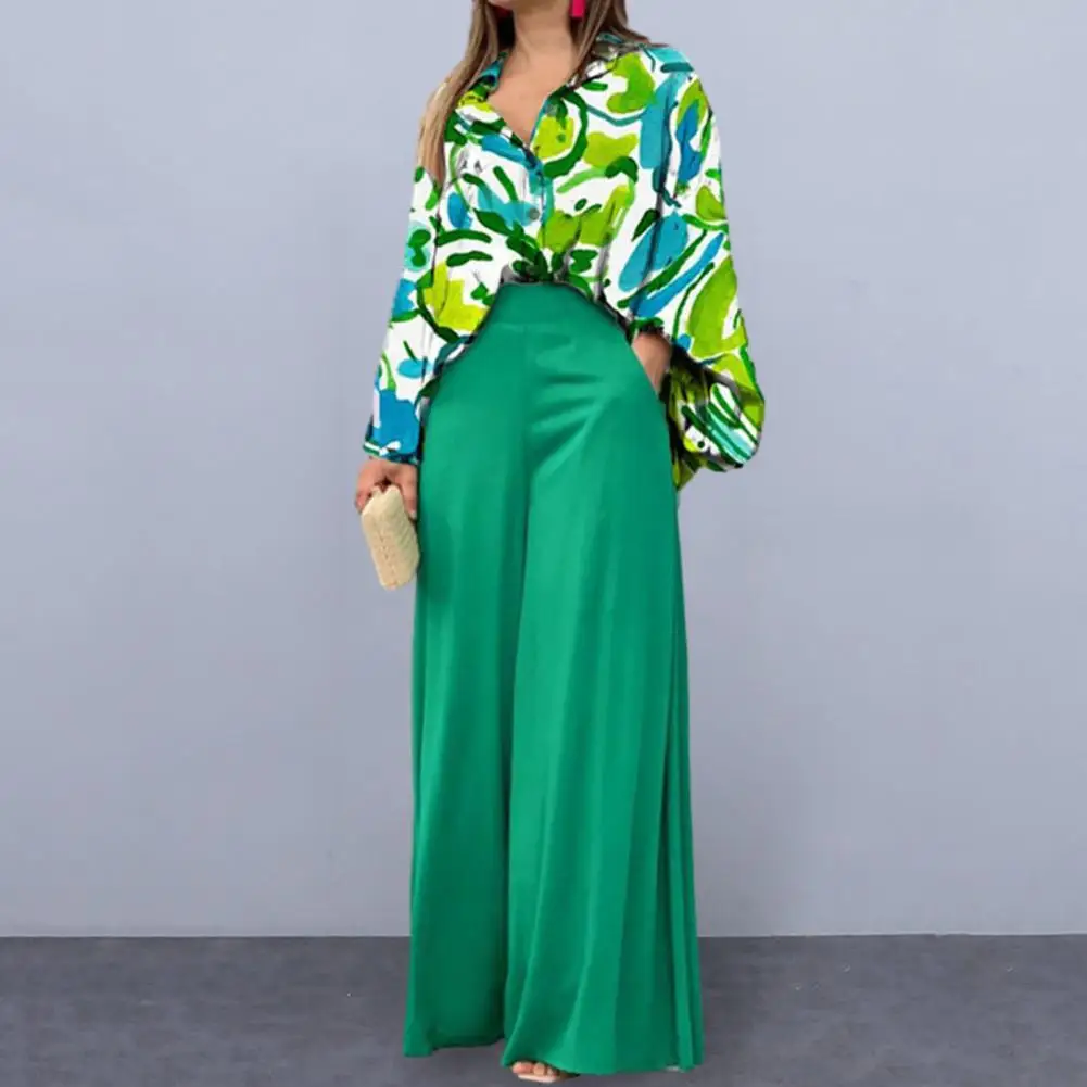 

2Pcs/Set Simple Lapel Leaves Print Shirt Long Pants Set Long Sleeve High Waist Wide Leg Daily Office Outfit Lounge Wear