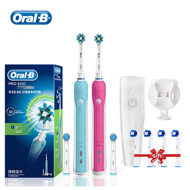 Oral B Electric Toothbrush Pro600 Tooth Brush 3D White Teeth Round Head Remove Plaque Sonic Toothbrush Wateproof with extra head