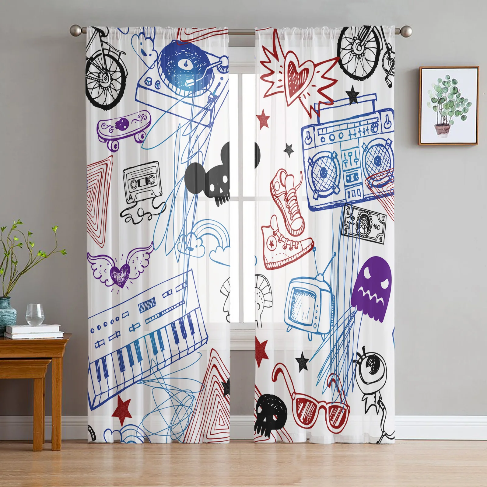 

Funny Cartoon Graffiti Sheer Curtains for Living Room Voile Curtain Bedroom Bathroom Tulle Curtains Window Drapes