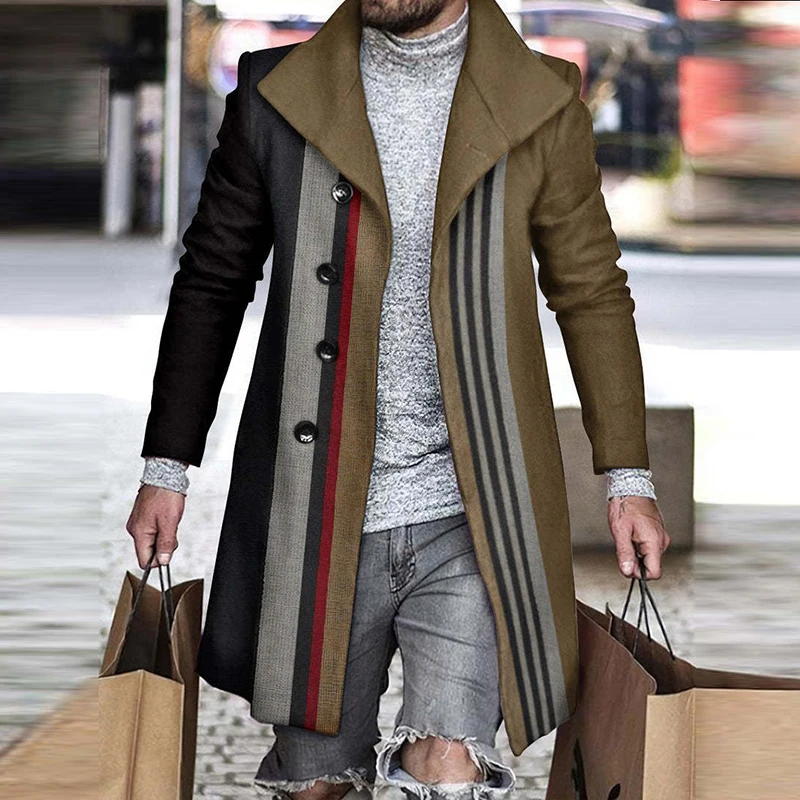 

Winter Thick Fleece Coat For Men Vintage Striped Print Loose Long Sleeve Turn-down Collar Buttoned Trench Mens Fashion Overcoats