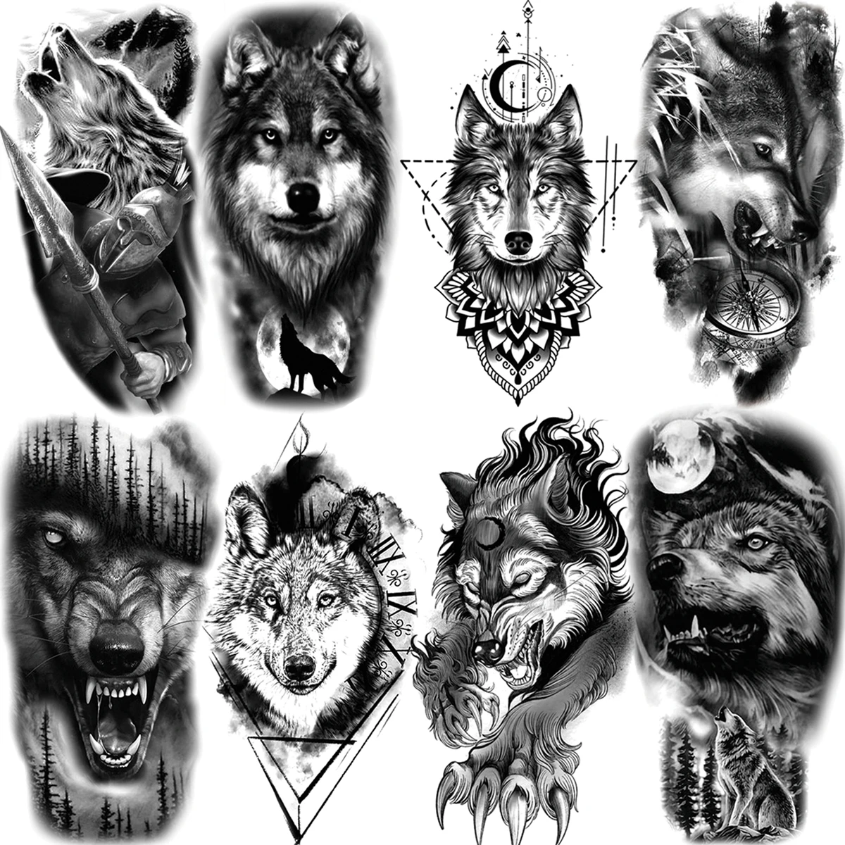 

Black Geometric Wolf Moon Temporary Tattoos For Women Adult Men Warrior Forest Compass Fake Tattoo Body Art Washable Tatoo Paper