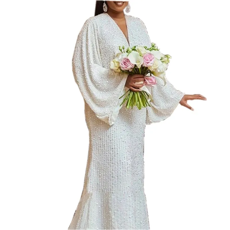 Женское длинное вечернее платье, белое свободное платье макси в мусульманском стиле с блестками, весна 2022
