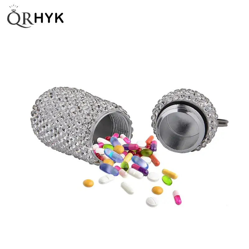 

1Pcs Medicine Organizer Bottle Pill Box Tablet Holder Sparkling Fine Workmanship Full Rhinestone Aluminum Alloy Vial for Hiking