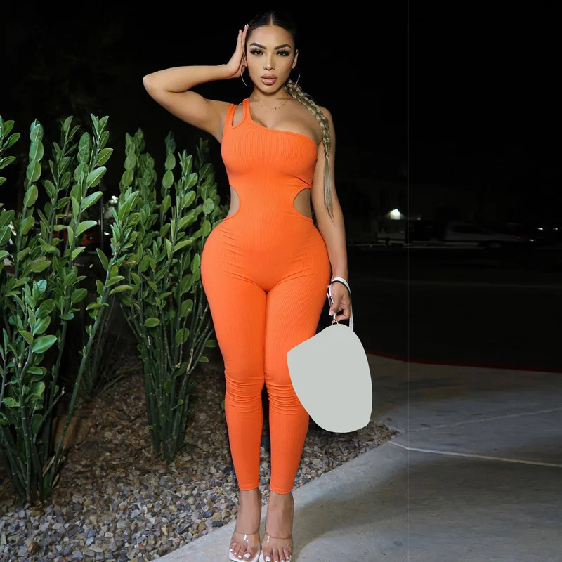 

WUHE Sexy One Shoulder Bodycon Jumpsuit Cut Out Birthday Outfits for Women Knitted Stretchy Body-Shaping One Piece Romper