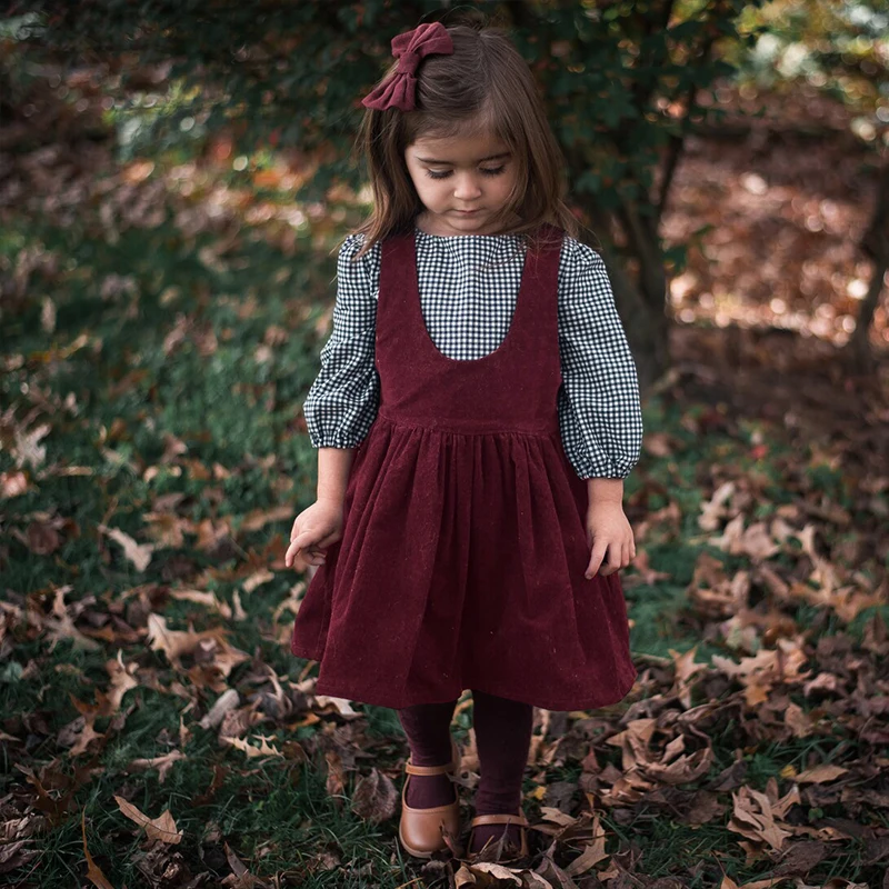 

Girls Retro Red U Collar Corduroy Princess Dresses 2023 Autumn And Winter New Baby Girl A-Line Suspenders Dress Kids Clothing