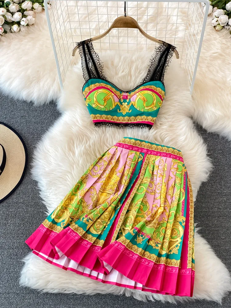 

2022 Summer Fashion Two Piece Sets Women's Sleeveless Cup Padded Lace Stitching Crop Top + Retro Print Mini Pleated Skirts Suit