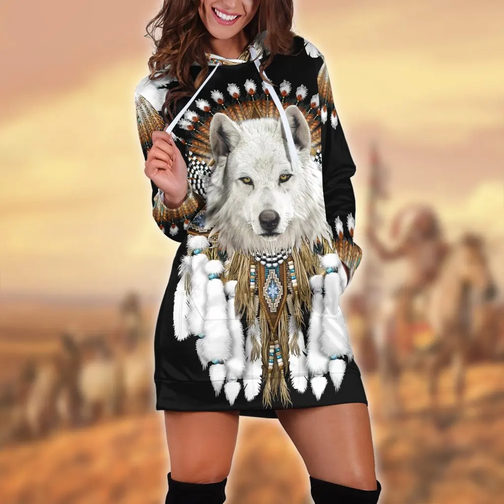 

American Wolf Chief Animal TAttoo 3D Fashion Printed Slim Hoodies Dress Women Casual Wear Long Sleeve Hooded Sweatshirt Pullover