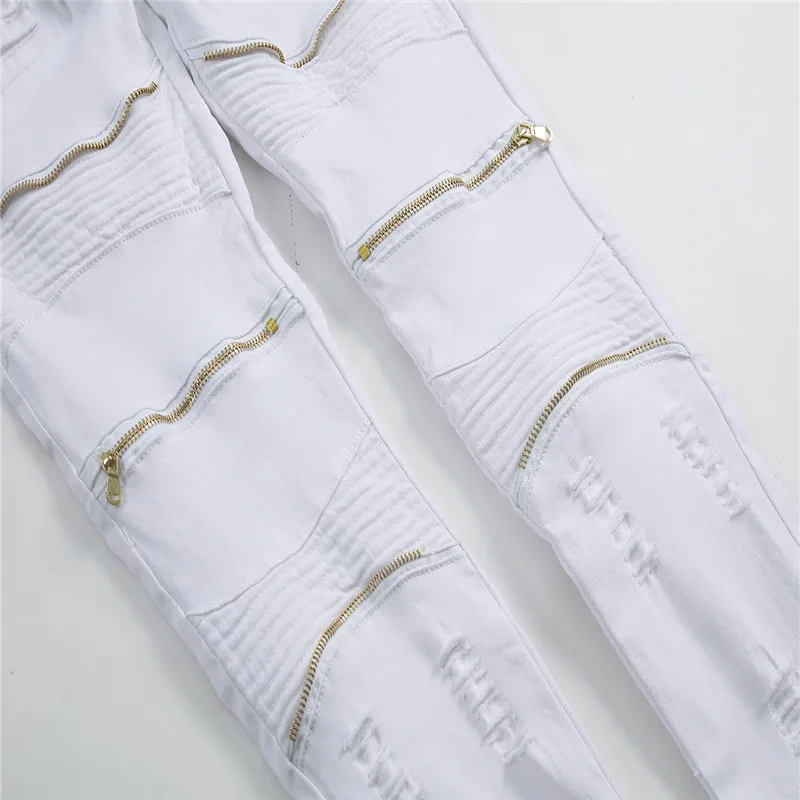 Men's Jeans Multi Zipper Decoration Fashion Trend Nightclub Pants Solid Color Full Length Ripped Jeans Male Trousers
