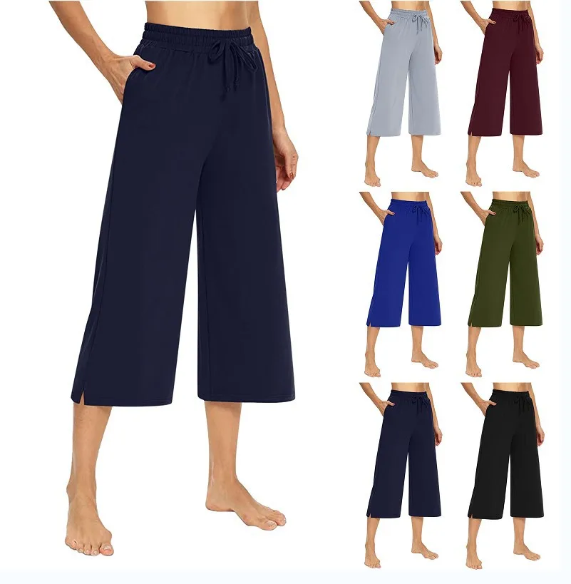 New Summer Women's Solid Color Capri Wide Leg Pants Loose Casual Pants  Wide Pants Women Clothes Trousers Women