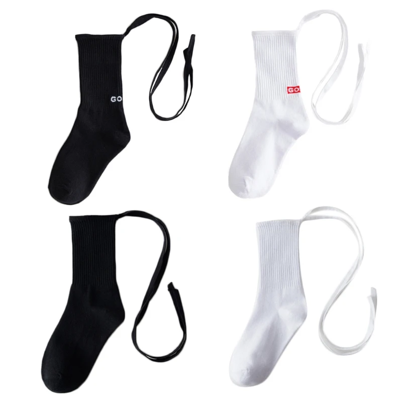 

Japanese Women Ribbed Crew Socks with for Cross Bow Lace Up Tie Harajuku Letters Print Black White Casual Street Mid Tube