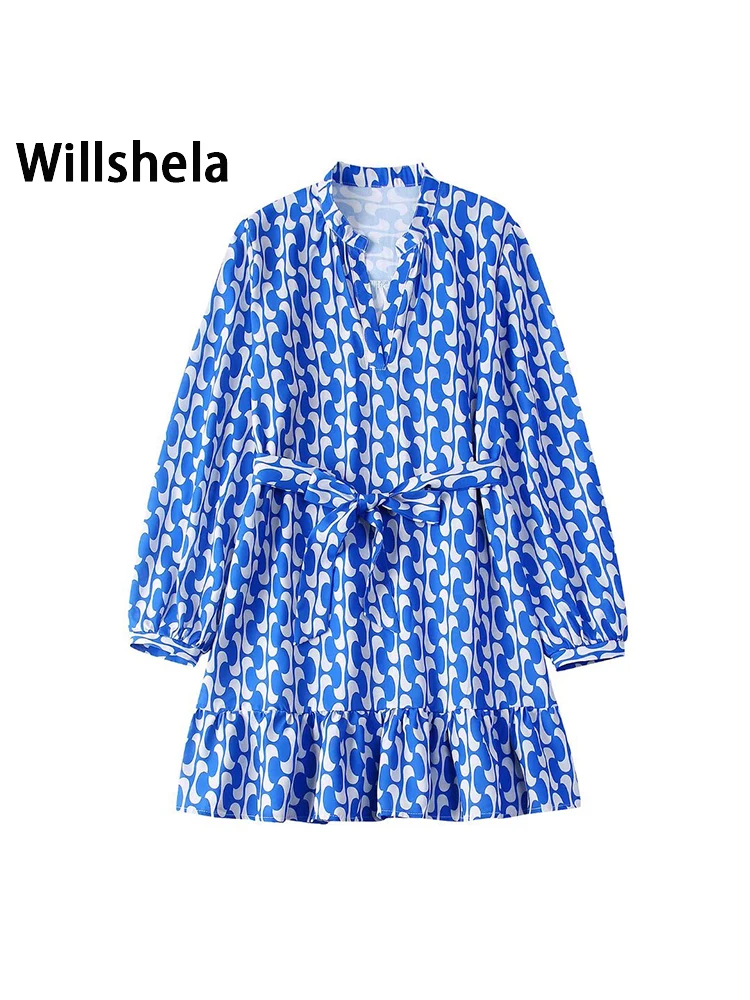 

Willshela женское модное платье с поясом, плиссированное мини-платье с v-образным вырезом и длинными рукавами, женское шикарное платье