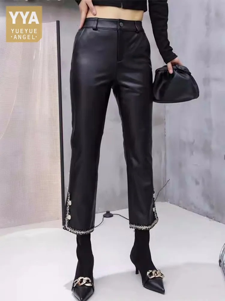 Women 100% Real Sheepskin Straight Pants Low Waist Slim Fit Genuine Leather Pants Female Casual Vintage Side Buttons Trousers