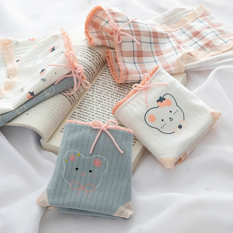 Cotton Panties Striped Lace Women Girl Fashion Cats Print Bow Cute Briefs Breathable Underwear Lingeries NK5