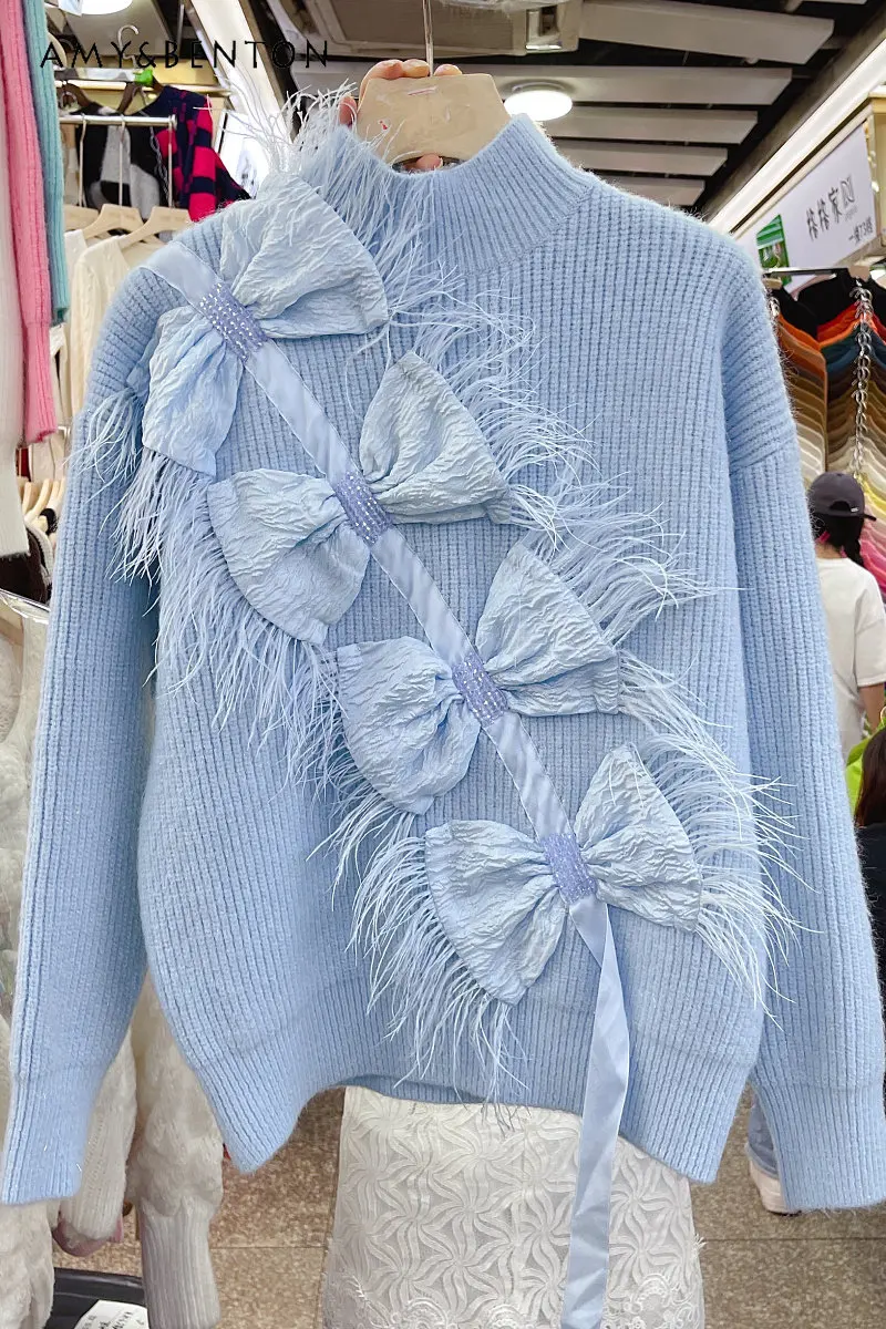 

Autumn and Winter New High Neck Thickened Beaded Niche Design Knitted Top Feather Bow Sweater Long Sleeve Fashion Pullover