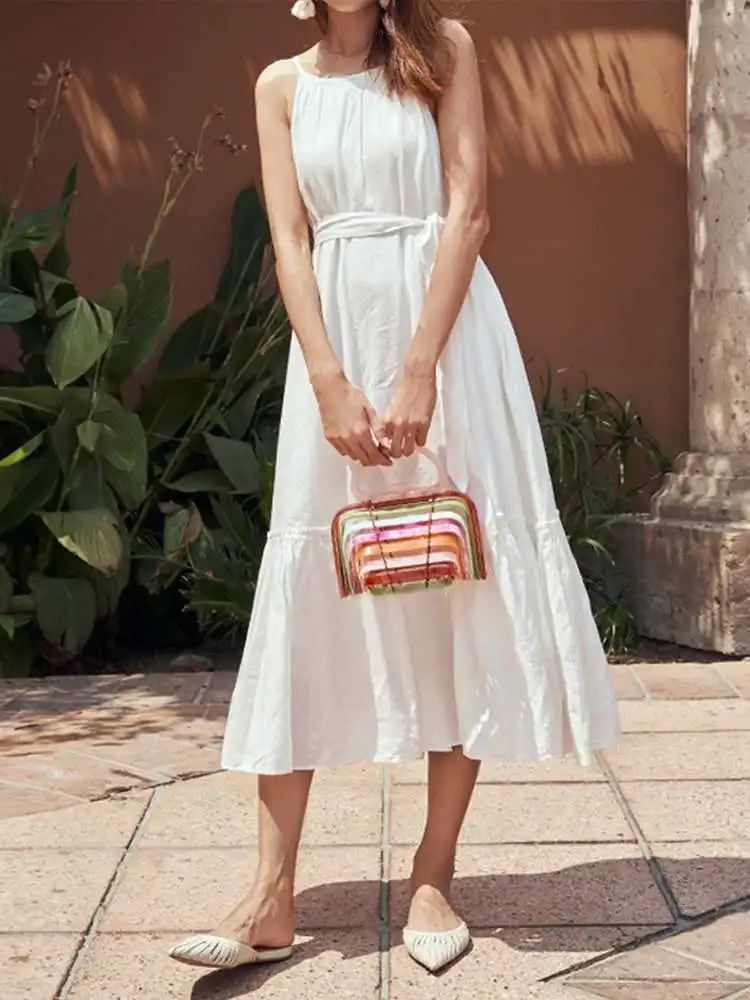 

Celmia Bohemian Sundress 2022 Summer Women Sexy Spaghetti Straps Midi Dress Sleeveless Casual Ruffles Belted Beach Vestido Robe