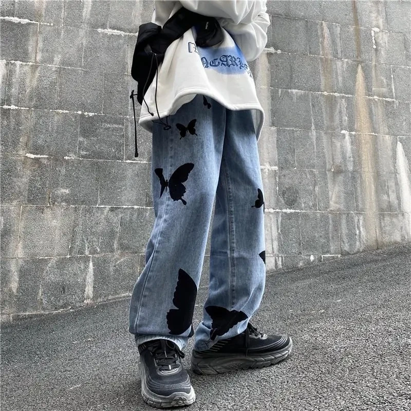 European American High Street Letters Embroidery Oversized Jeans On The Back Of Men'S Loose Straight-Leg Ripped Trousers Unisex