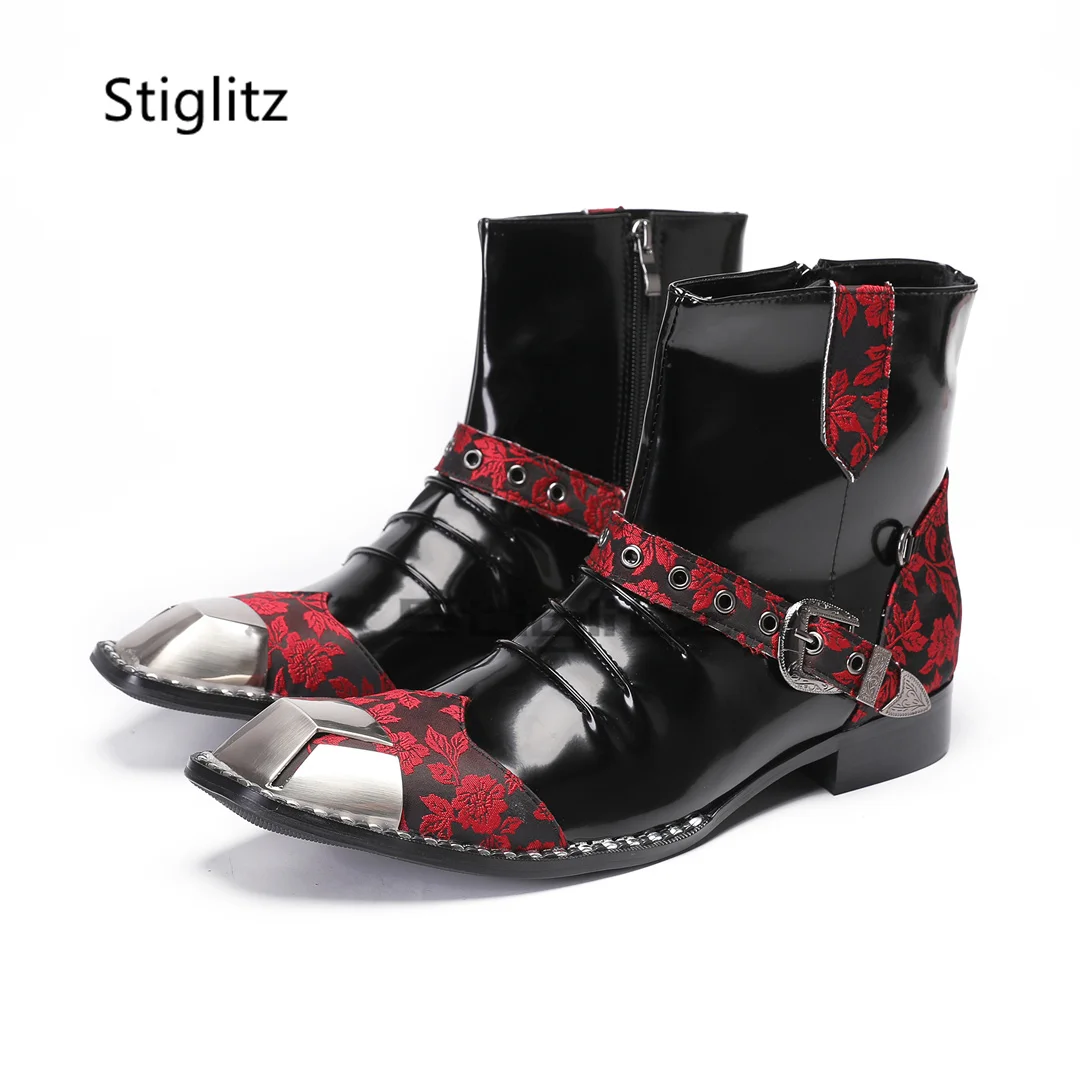 Мужские ботинки с металлическим квадратным носком лоскутные ботильоны принтом