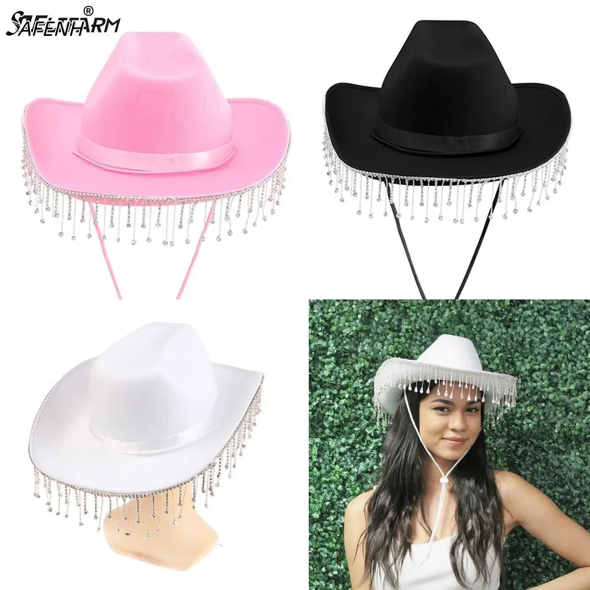 Western Cowboy Hat Rhinestone Fashion Adjustable Drawstring Tassel Cowgirl Hat Solid Color Wide Brim Party Jazz Topper