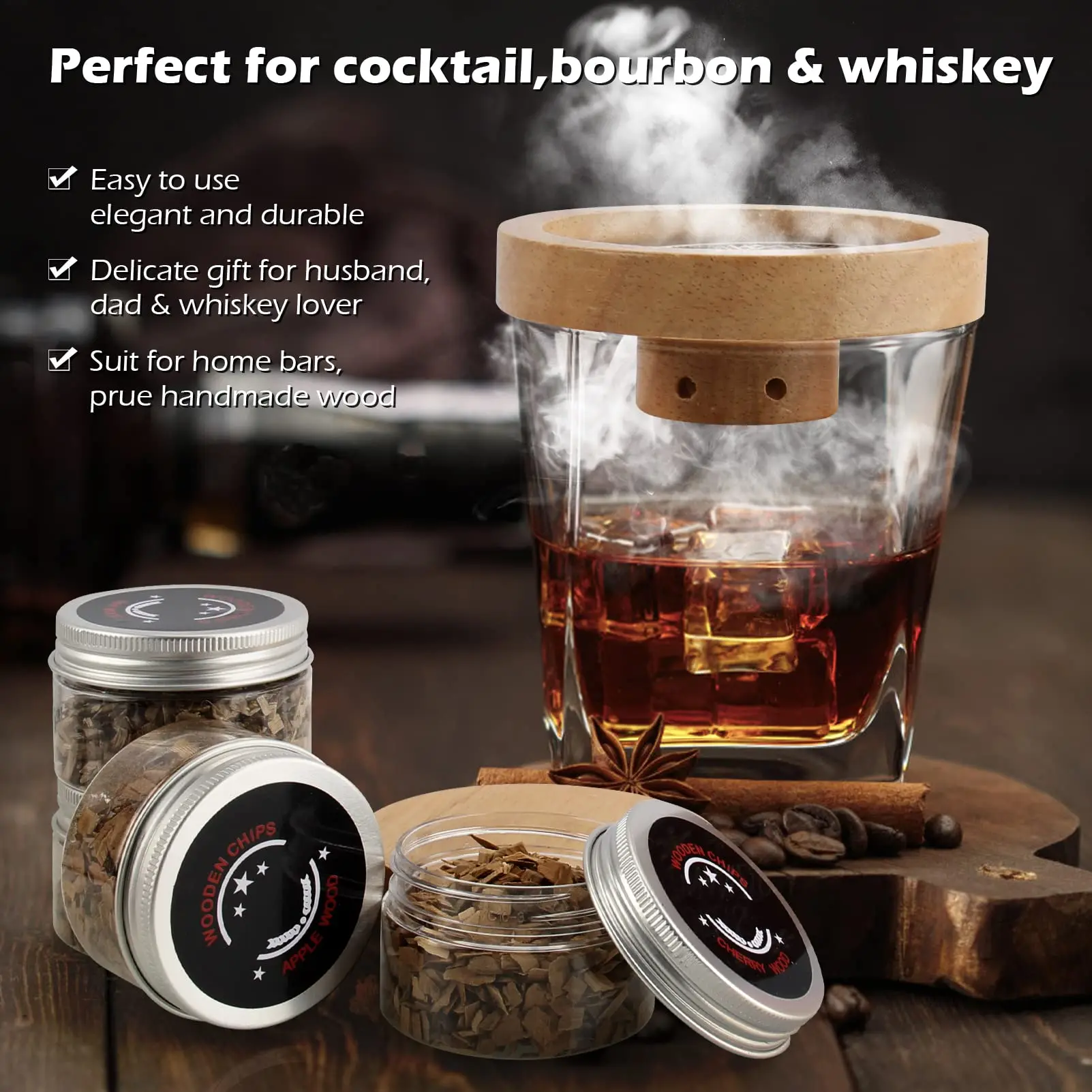 

Wooden Smoker Solid Wood Cocktail Smoker Set Smoked Wood Hood Kitchen Bar Tool