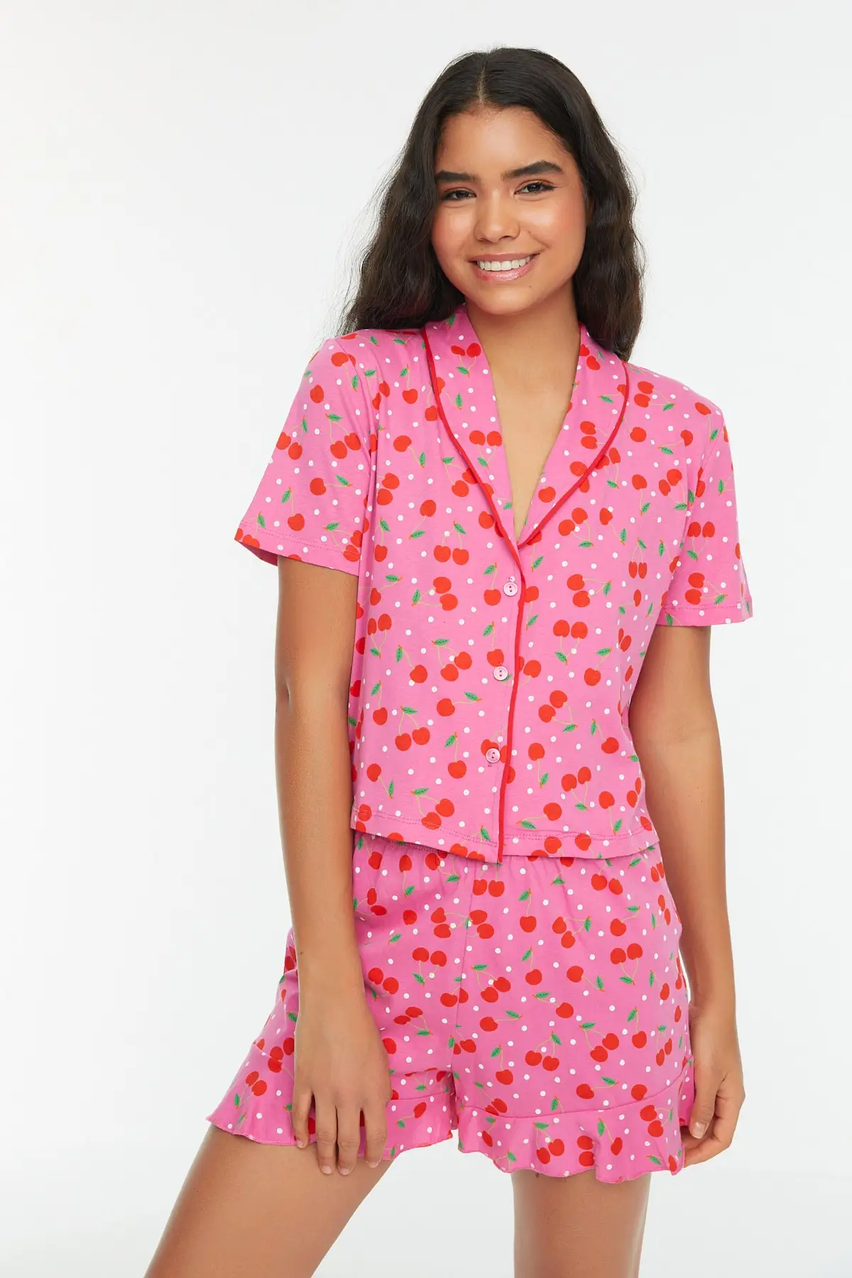 

Women's Pajamas Pink Cherry Knitted Sleep Lounge Pajamas Nightwear Sleepwear Night Suit Casual Home Clothing