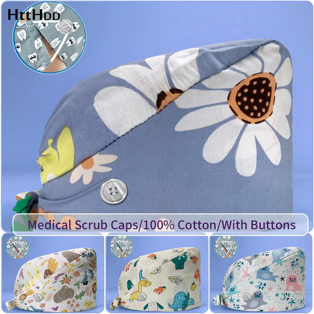

New Print Scrub Caps Nurse Hat Floral Bouffant Sanitary Cap With Sweatband Cartoon Printing Doctors Surgical Caps With Buckle