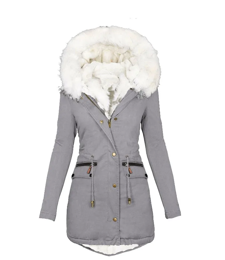 2023 Autumn/Winter Women's plush waistband cotton jacket with white fur collar, hooded insulation jacket, cotton jacket, women