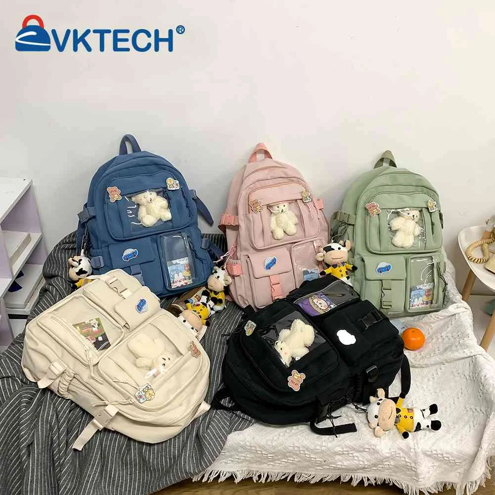 

Милый повседневный рюкзак на плечо из ткани Оксфорд, однотонный рюкзак с медведем, карточкой для кукол, студенческий рюкзак с несколькими карманами, школьная сумка