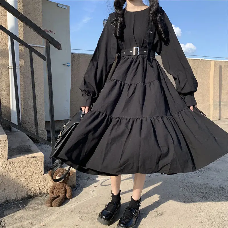 Gothic Style Dress Women Harajuku Gothic Goth Kawaii Lolita Dress Punk Cute Long Sleeve Black Midi Dress Girl Victorian Dress