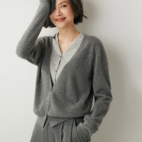 Женские кардиганы из 100% кашемира, осенне-зимняя новая модная куртка, свитер с v-образным вырезом и длинными рукавами, пальто, женская вязаная верхняя одежда