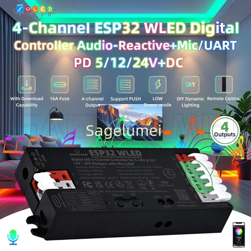 Контроллер DOMRAEM ESP32 WLED, звуковой реактивный микрофон, 4 выхода, 16 А, предохранитель PD 5 В12 В20 В постоянного тока 5-24 В для WS281X SK6812 APA102 Pixel Light (art.: 3920d4091fce2) - 3920d4091fce2