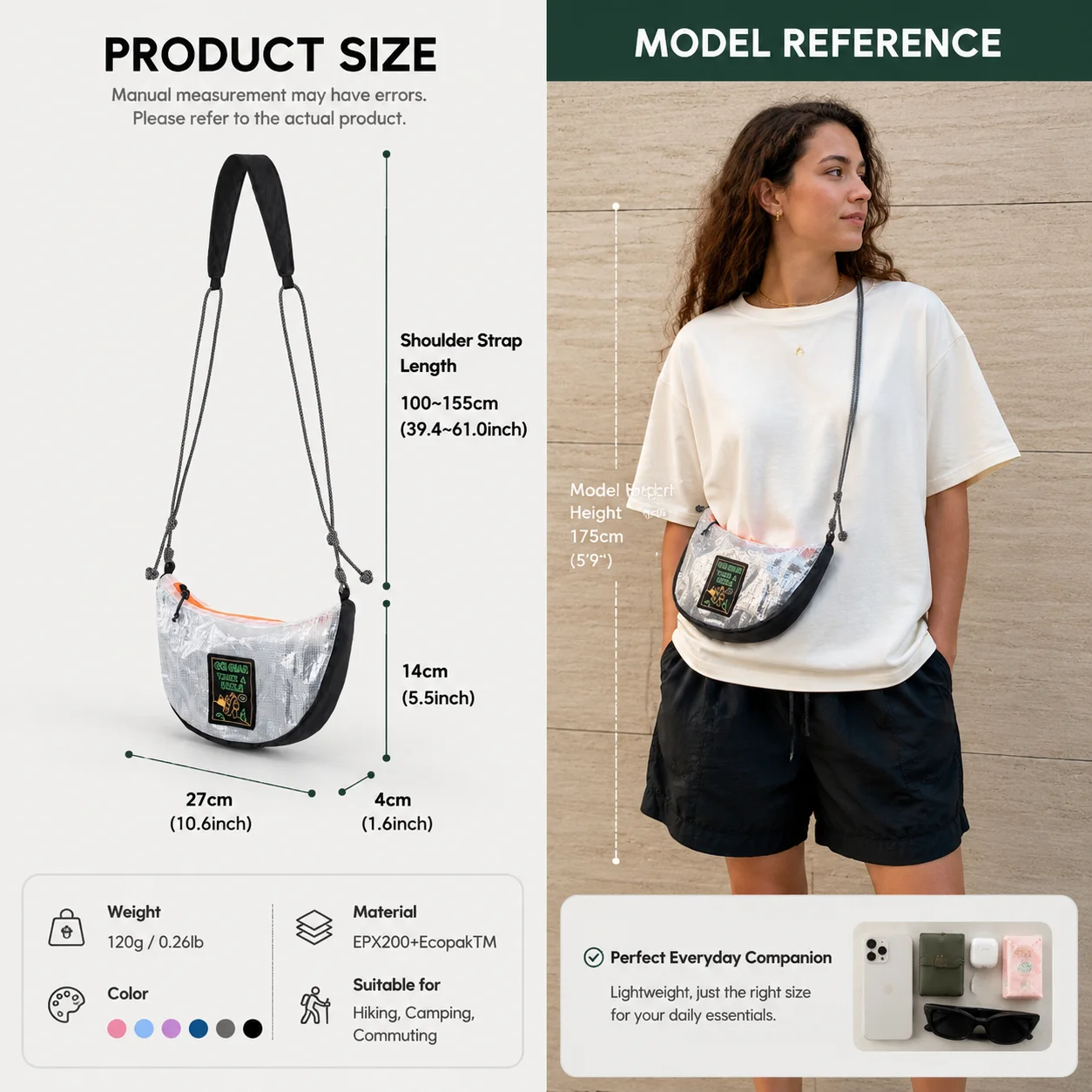 Фото Сумка-слинг ECOpak Tech Mesh, ультралегкая, 120 г, в форме полумесяца, водонепроницаемая, 70 фунтов на кв. дюйм, для походов и кемпинга, на плечо, для мужчин и женщин №2