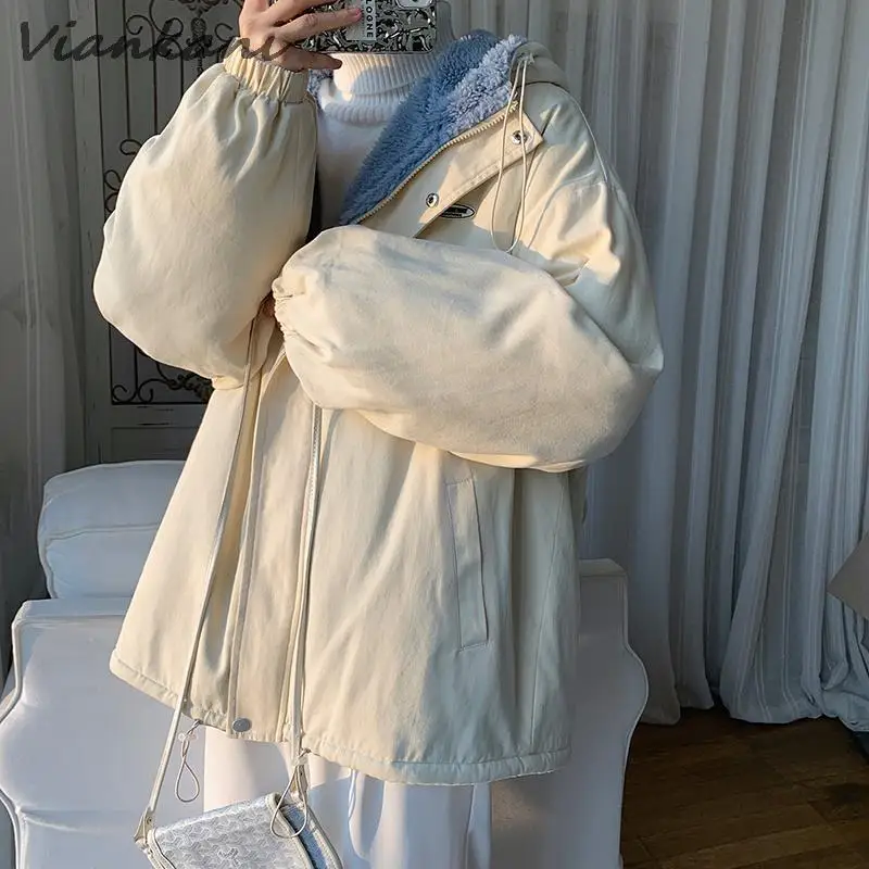 Winter Thick Lamb Fur Jacket Mens Warm Hooded Coat Korean Loose Oversized Coat Male Fashion Cotton Outwear Streetwear Jackets