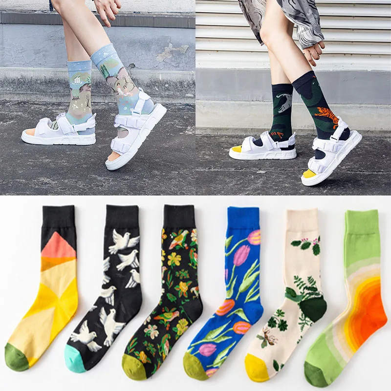 

New oil painting niche men's socks Retro abstract art luxury cotton socks