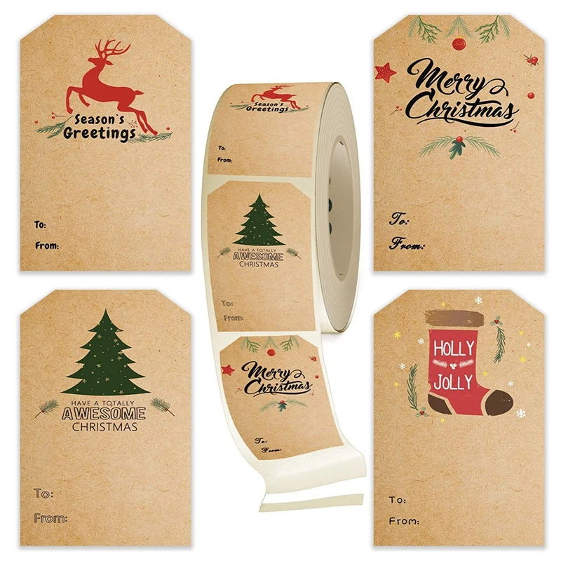 

300pcs 5*7.5cm Merry Christmas Gift Tags Sticker Kraft Paper Handwritten Name Christmas Tree Elk Label DIY Party Scrapbook