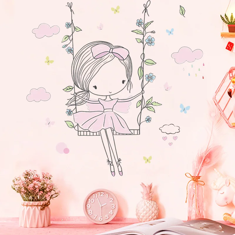 

Little Girl Swinging Wall Stickers for Girl’s Bedroom Home Decor Art Mural Cartoon Stickers Children's Room Wallpaper Baby Gift