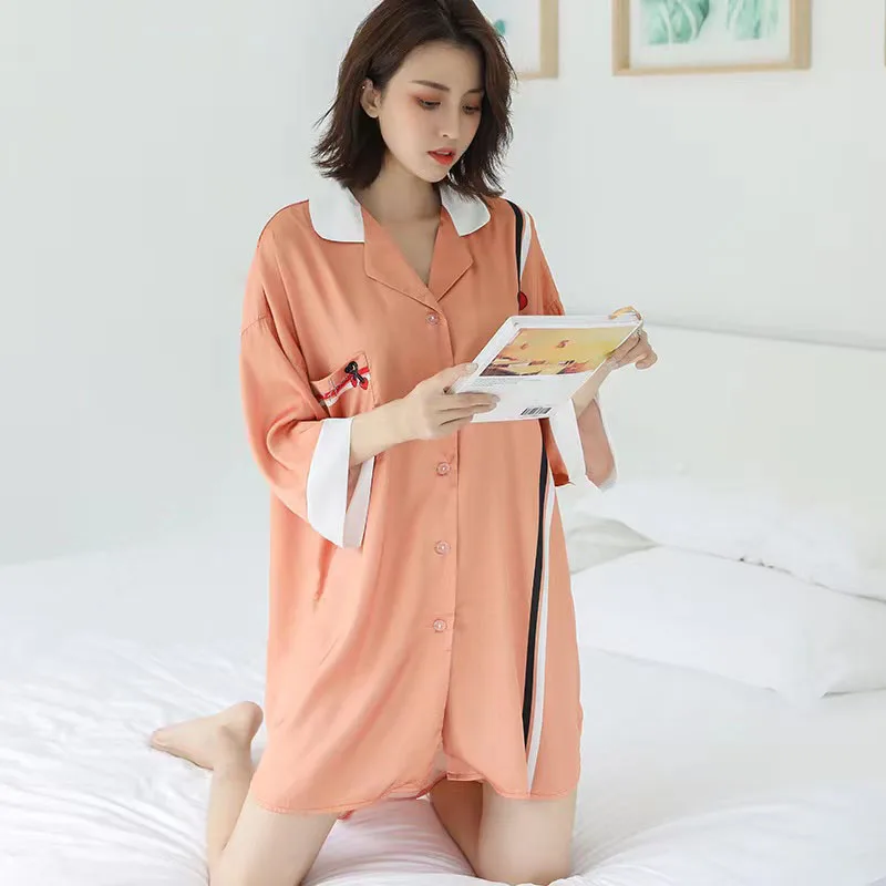 YFTNH Women Nightgown Sleepwear Nightshirts Fashion Satin Silk Soft Stripe Print Short Sleeve Mini Night Dress Summer Homewear