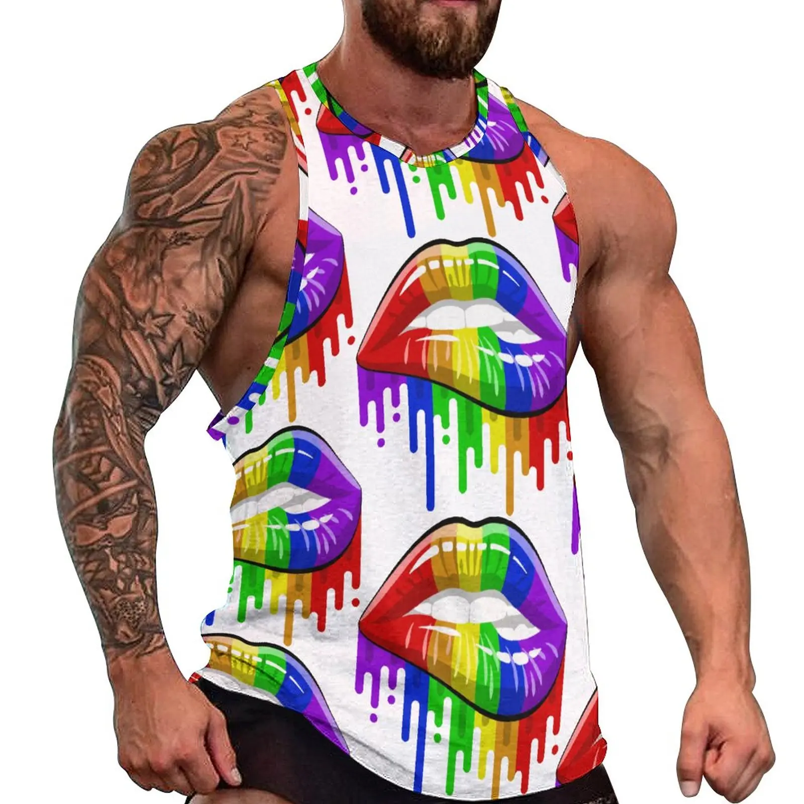 

LGBT Lips in Rainbow Flag Colours Summer Tank Top Pride Gym Tops Men Graphic Muscle Sleeveless Shirts 3XL 4XL 5XL