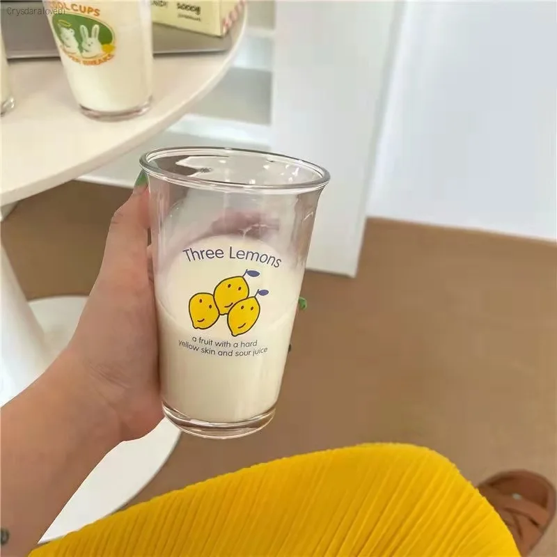 

Cute Fruit Printed Glass Mug Cup Heat-resistant Milk Juice Glass Water Cup with Straw Beer Coffee Cup Whiskey Lemon Tea Mugs