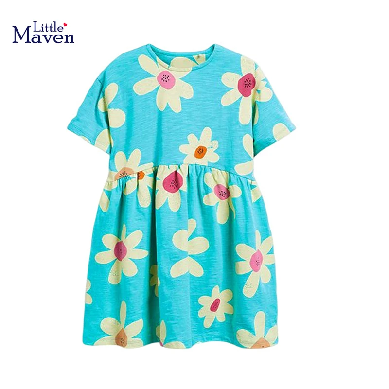 

Little maven Girls Short Sleeve Dress Sunflower Blue Dresses for Girls Casual Cotton Dresses Summer Toddler Girls Elegant Dress