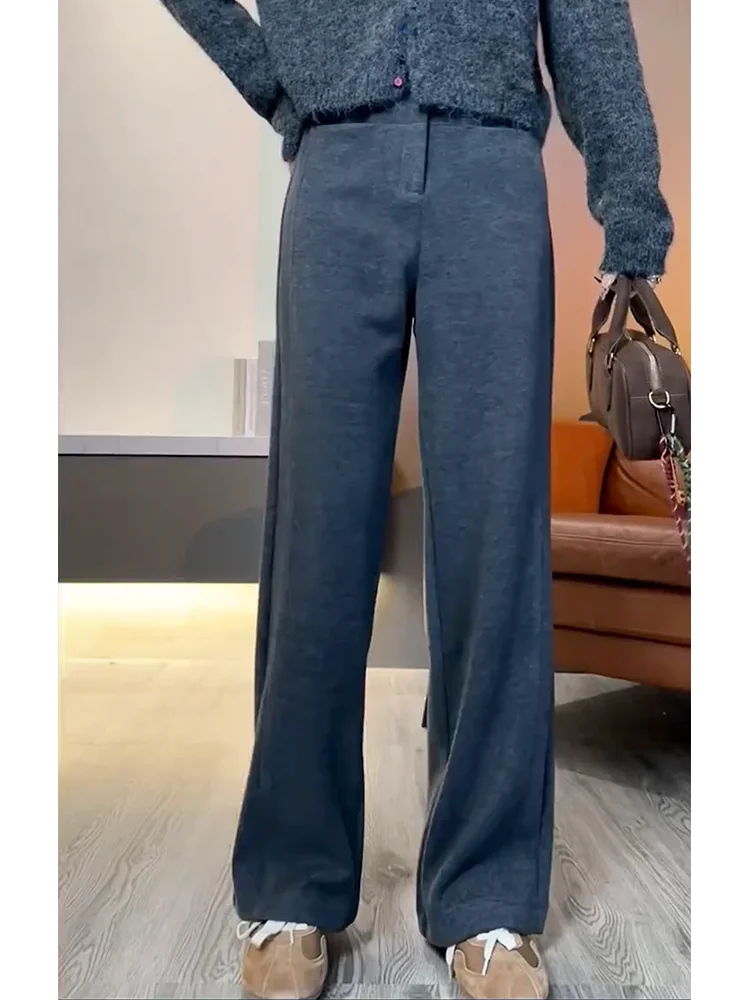 Plus Size Elegant Loose Gray Thick Woolen Straight Pants Women Autumn and Winter New Draping Effect Fashion High Waist All-Ma...