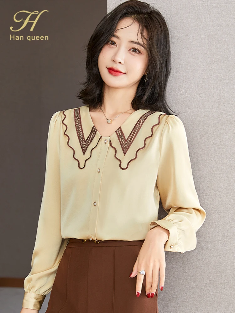 

H Han Queen New Simple Commuter Long Sleeve Satin Shirt Womens Blouse Vintage Work Casual Tops Elegant Loose Business Shirts