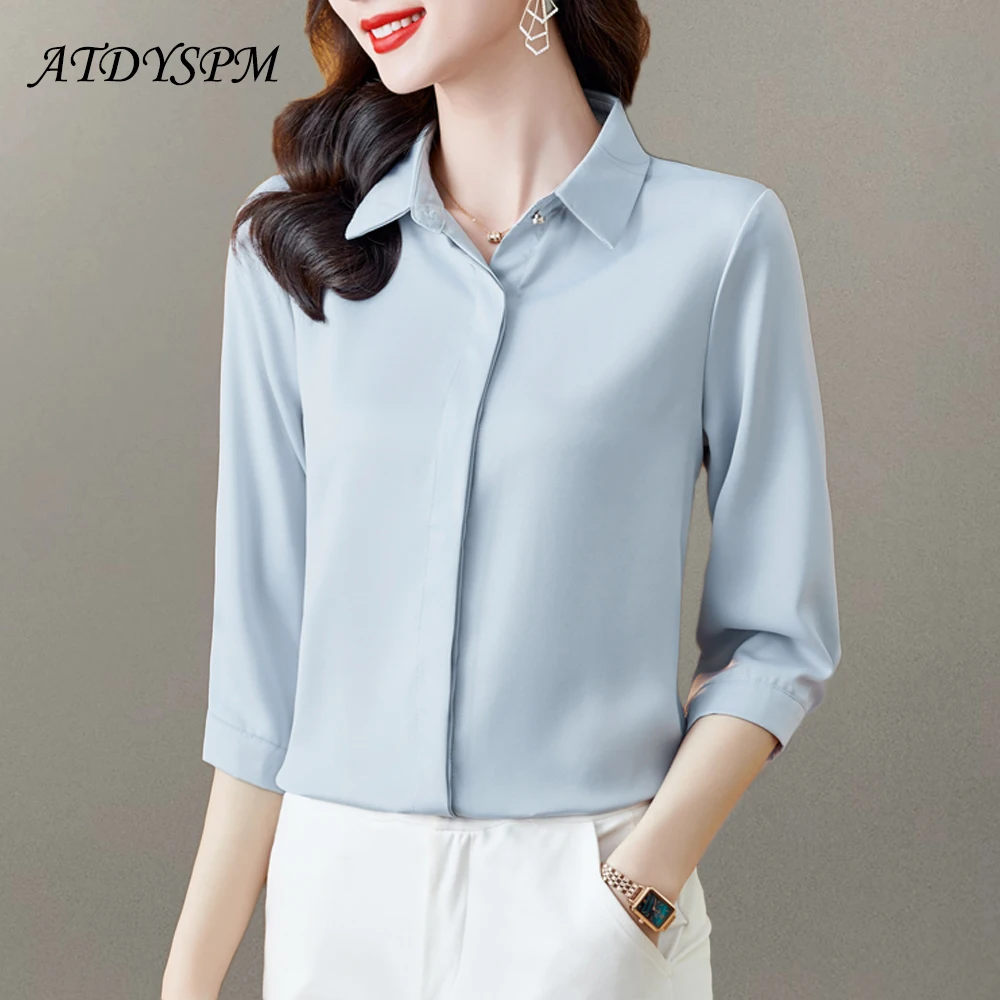 

Блузка Женская атласная на пуговицах, с рукавом 3/4, однотонная