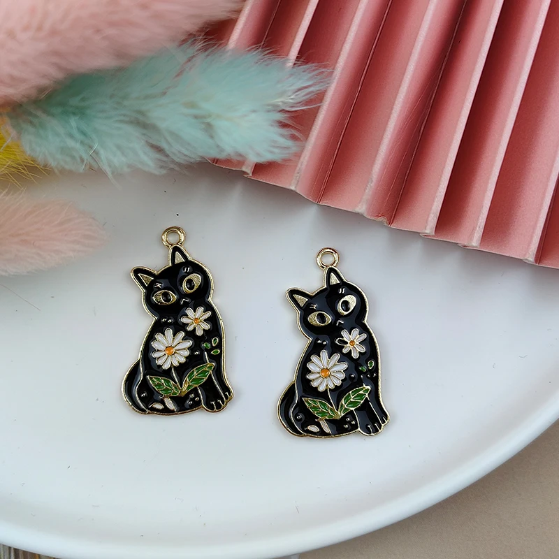 

ApeUr 10pcs/pack Flower Cat Metal Enamel Charms Cute Animals Earring Bracelet Pendant Fit DIY Jewelry Making 19*32mm
