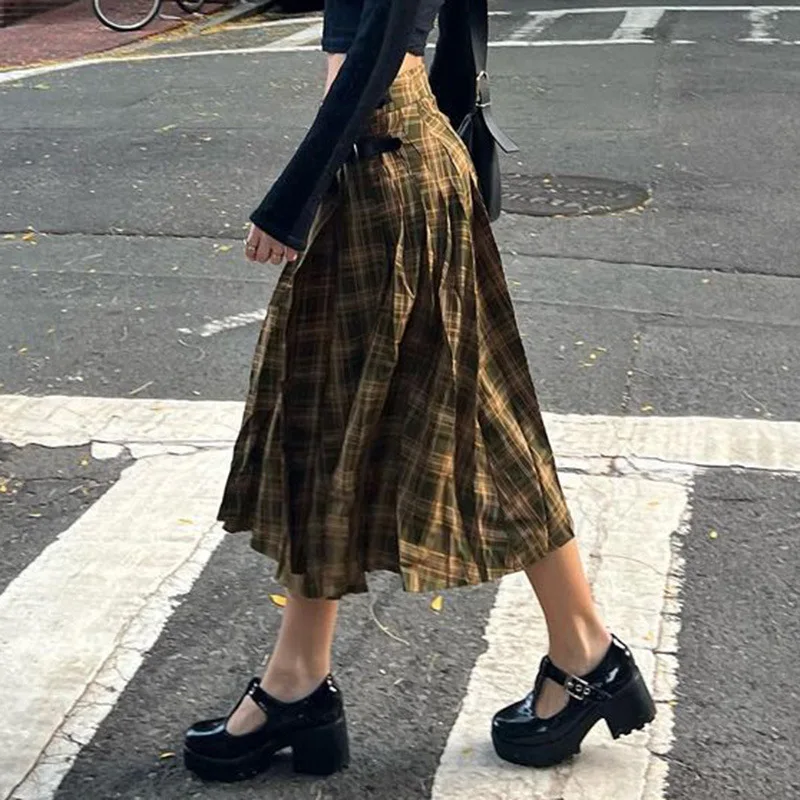 

Plaid Casual Vintage Y2K Egirls Long Skirt Summer Streetwear High Waisted Loose College Style Retro Midi Skirt For Women Outfits