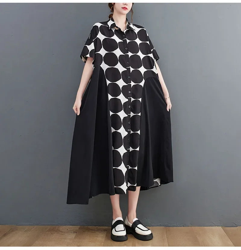 Платье-рубашка в горошек с коротким рукавом летучая мышь