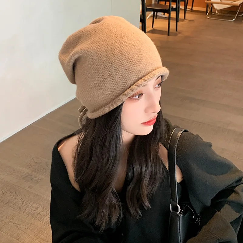 Однотонные шапочки на шнурке для женщин и девочек осенне-зимняя теплая мягкая