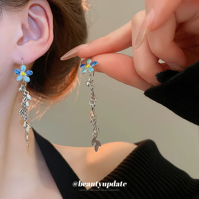Фото Серьги Colorful Life Blue Fusang с цветком, синие глазурованные крючки для ушей, старые длинные серьги в этническом стиле, новые женские серьги в китайском стиле №4