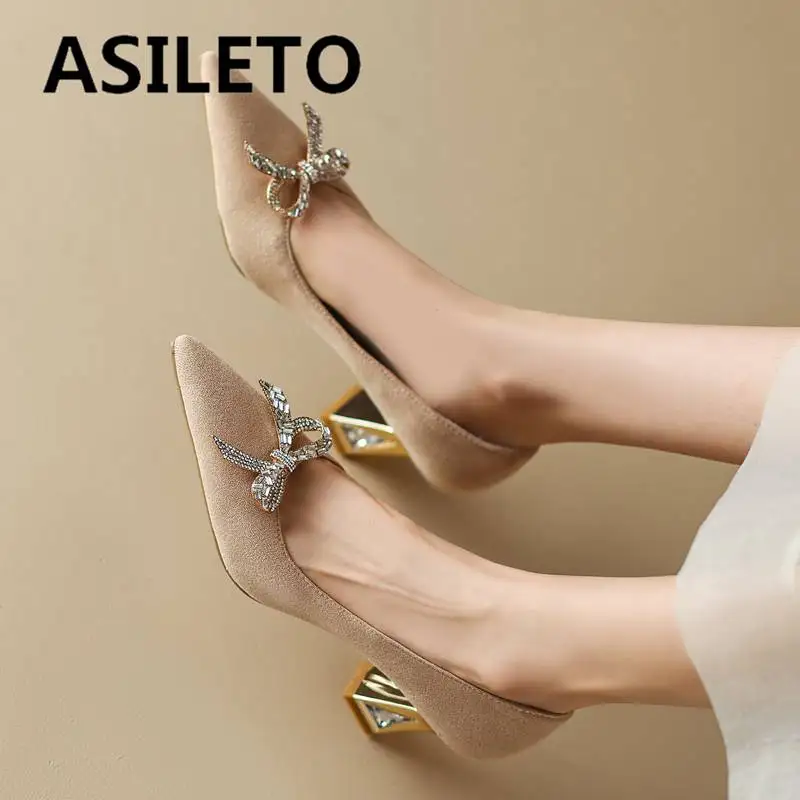 

ASILETO дизайнерские женские туфли-лодочки из флока замша с острым носком блочные высокие каблуки 7 см без шнуровки с бантом для вечерние пикантные Большие размеры 44 45 46