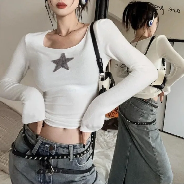 

Осенние Новые облегающие хлопковые топы, Женская винтажная белая футболка в стиле Харадзюку со звездами и U-образным вырезом, Y2k, гранж, футболки с длинным рукавом