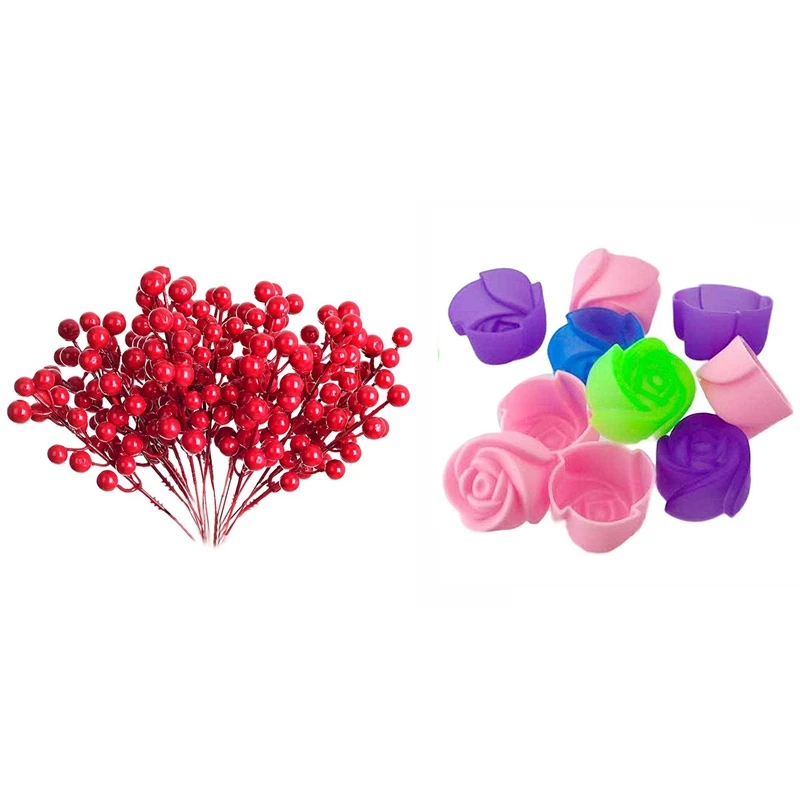 

10Pcs Cake Baking Mold Chocolate Jelly Maker Mould With 20Pcs 8 Inch Artificial Christmas Red Berries Stems